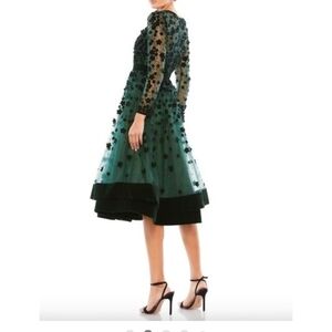 Mac Duggal Teal and Black Floral Long Sleeve Dress